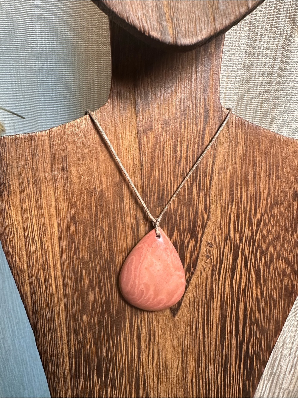 Minimalist Polychrome Jasper Teardrop Pendant Necklace on Thin Brown Rope - Picture 6 of 16